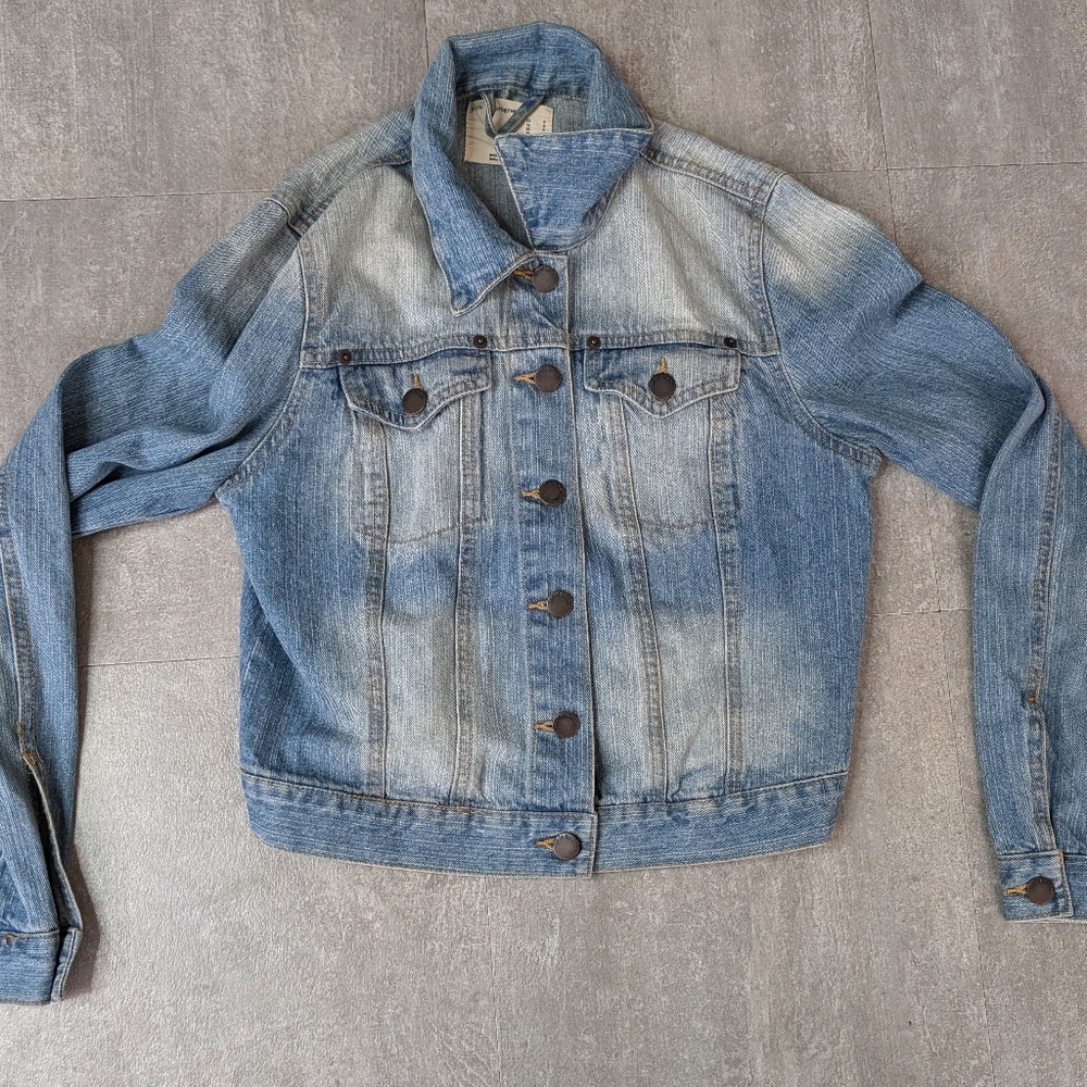 Life In Progress Jacket Womens Medium Blue Denim Button Front Crop Jean Jacket